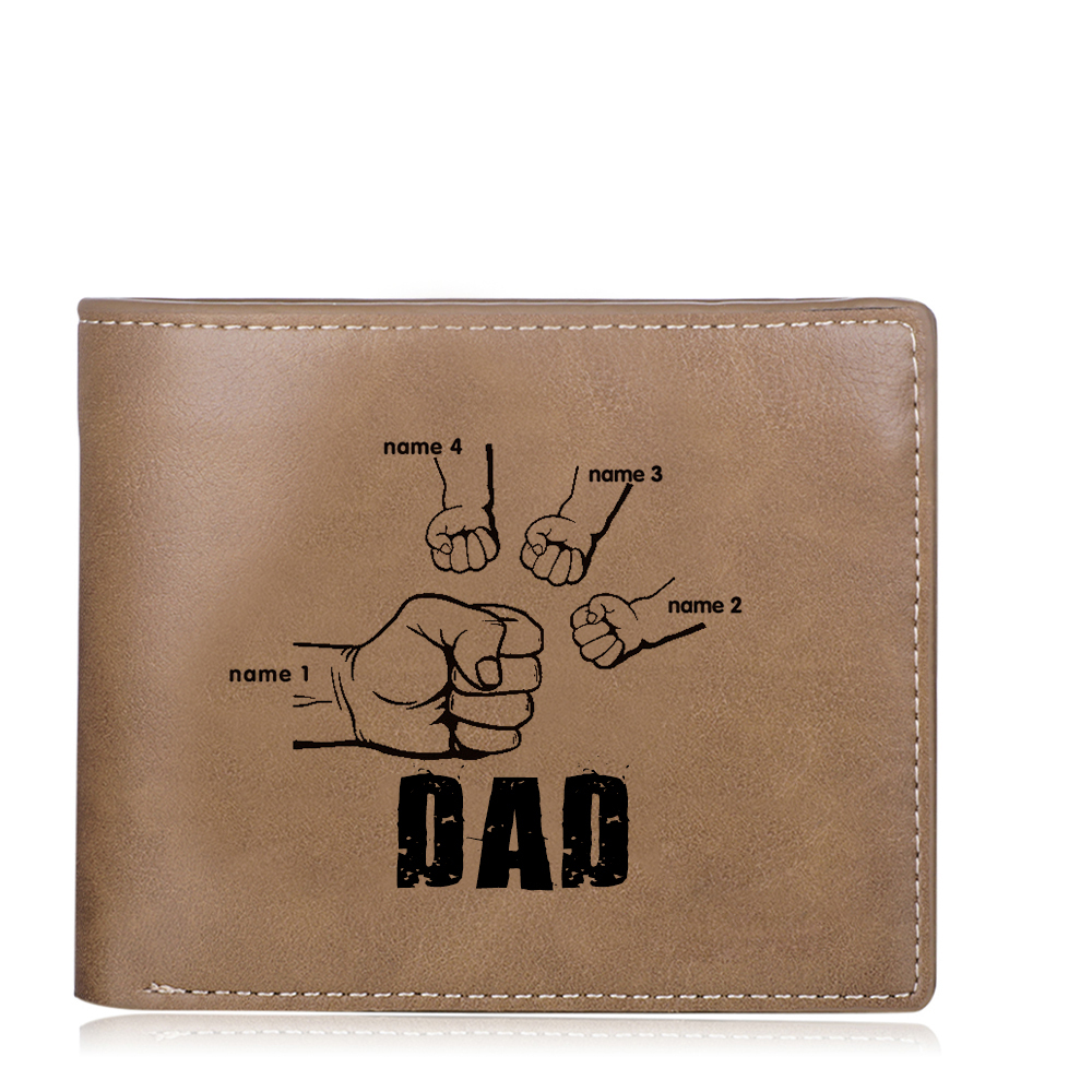 Personalized Leather Mens Wallet Engraved 4 Names Fist Bump Folding Wallet Father's Day Gifts