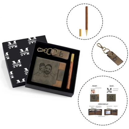Personalized Leather Wallet Gift Box Set with Letter Name Keychain Customizable Photo Wallet Gift for Him