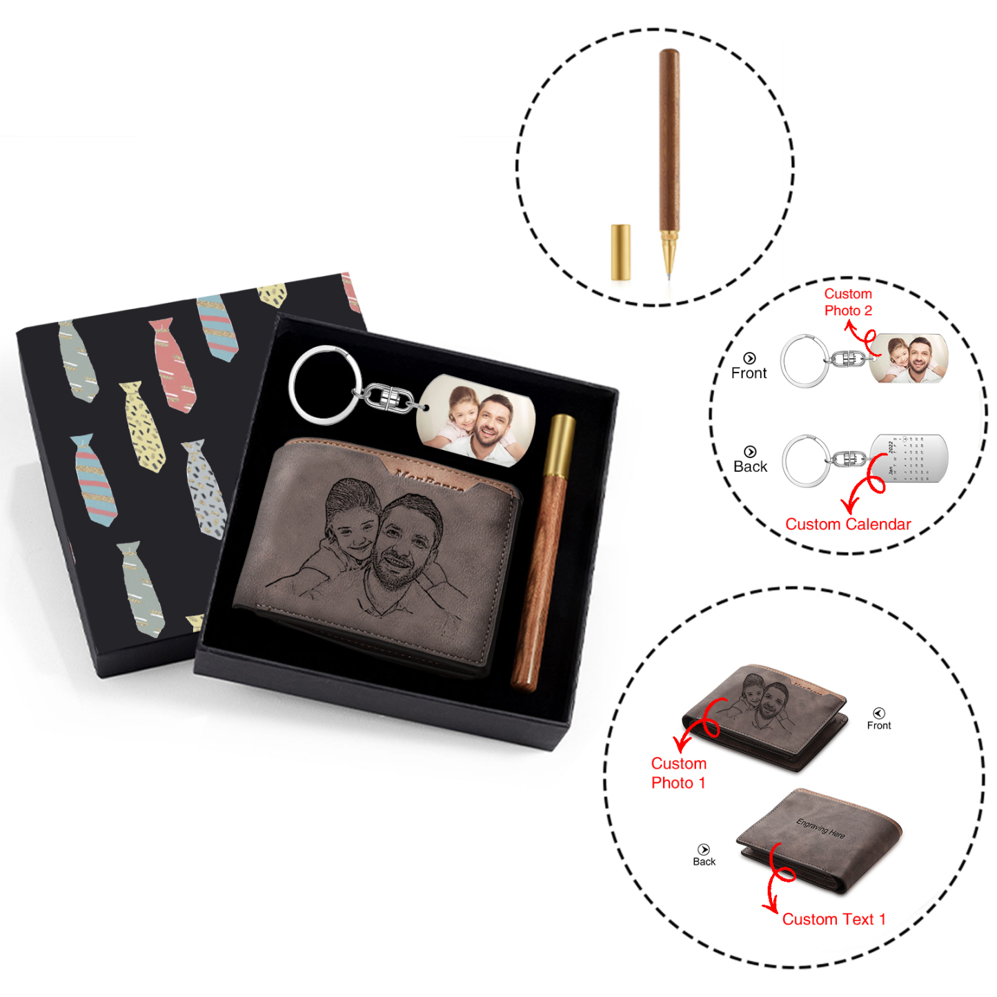 Personalized Leather Wallet Gift Box Set with Keychain Customizable 2 Photo,1 Text and 1 Date Wallet Gift for Him
