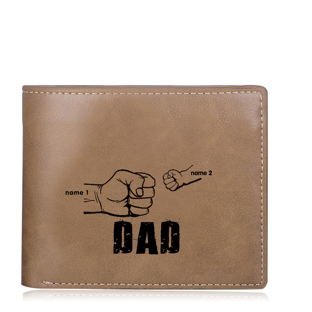 Personalized Leather Mens Wallet Engraved 2 Names Fist Bump Folding Wallet Father's Day Gifts
