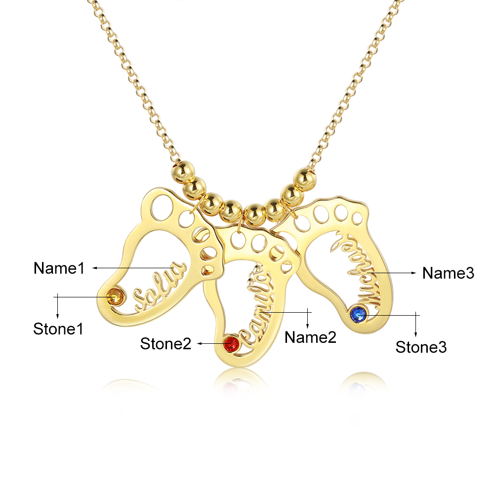 Personalized Baby Foot Engraved Names 3 Birthstones Necklace For Women Gift For Mother