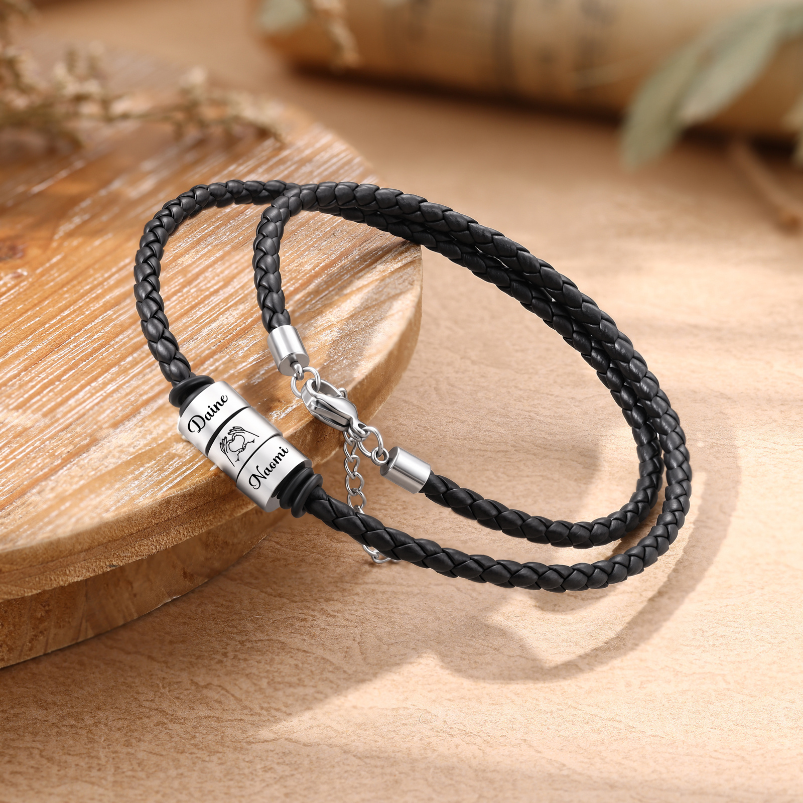 Personalized Braided Leather Necklace for Men Customized with 1–6 Names Beads