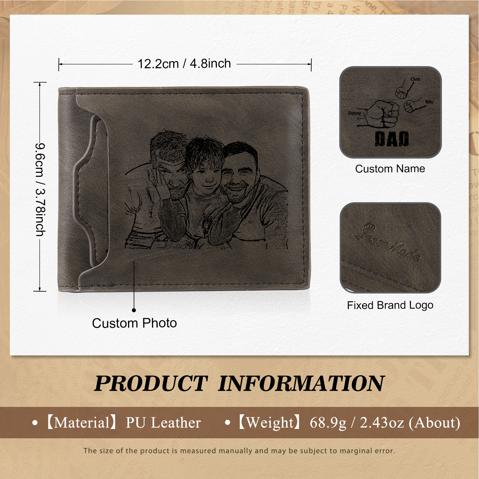 3 Names - Personalized Photo Custom Leather Men's Folding Wallet as a Father's Day Gift for Dad