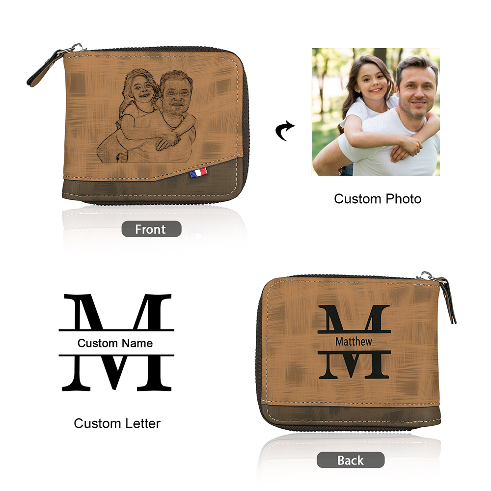 Photo Personalized Leather Zipper Men's Wallet Customized Name Letter Folding Wallet Three Colors Available with Gift Box for Dad