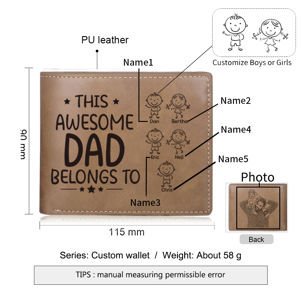 5 Names-Personalized Doll Customized Leather Men's Wallet Customized Name Folding Wallet for Dad