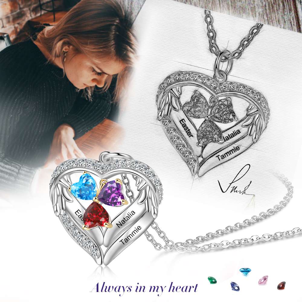 Personalized Wings S925 Silver Necklace With 3 Heart Birthstones Engraved Names Gift For Women