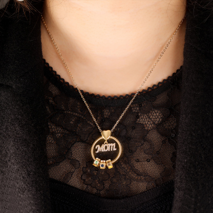 3 Names-Personalized Mom Necklace Set With  Premium Rotating Rose Flower Gift Box-Custom Necklace With 3 Birthstones Engraved Names Gift For Mother