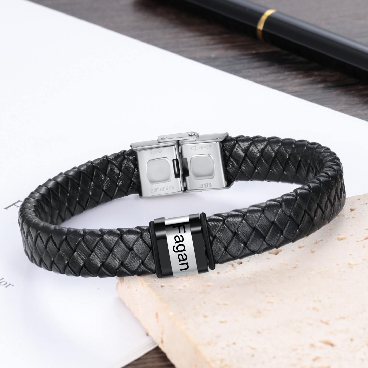 1 Names-Personalized Braided Leather Bracelet Set With Gift Box-Custom Men's Bracelet Engraved 1 Names Gift for Him