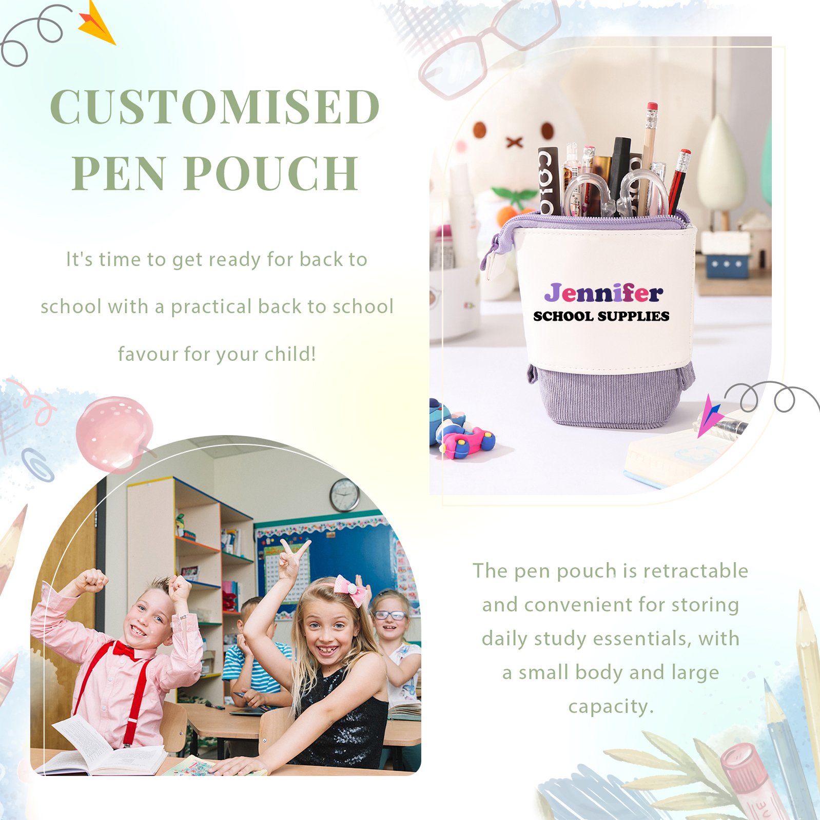 Personalized Pencil Case Custom 2 Text Pen Pouch Back To School Gift for Kids