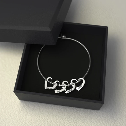 3 Names-Personalized Love Bracelet with 3 Heart Charms Engraved Name Bangle Bracelet