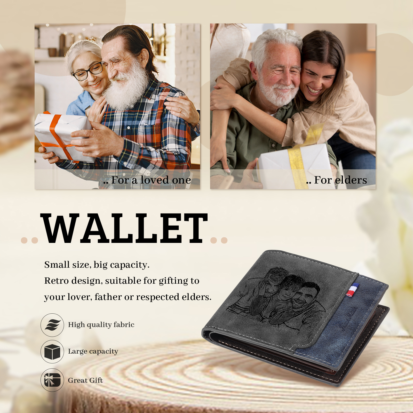 6 Names - Personalized Photo Custom Leather Men's Wallet as a Father's Day Gift for Dad