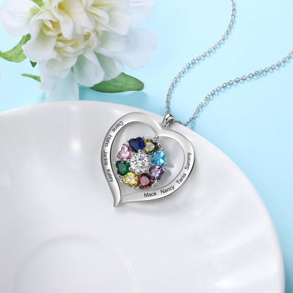 Personalized Heart Pendant Necklace with 8 Birthstones Engraved Names Family Necklace Gifts for Her