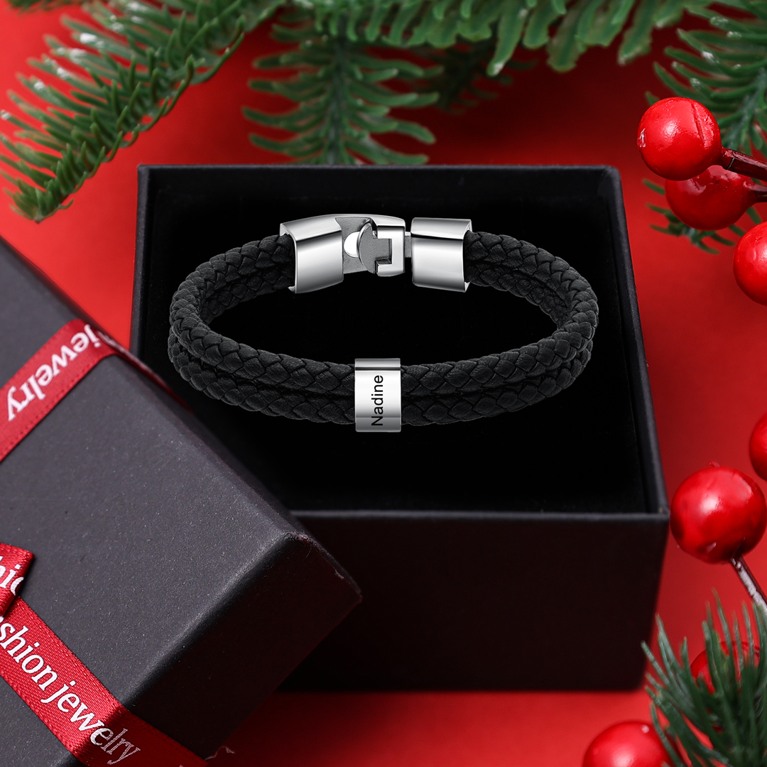 1 Name-Personalized Braided Leather Bracelet Set With Gift Box-Custom Men's Bracelet Engraved 1 Name for Him