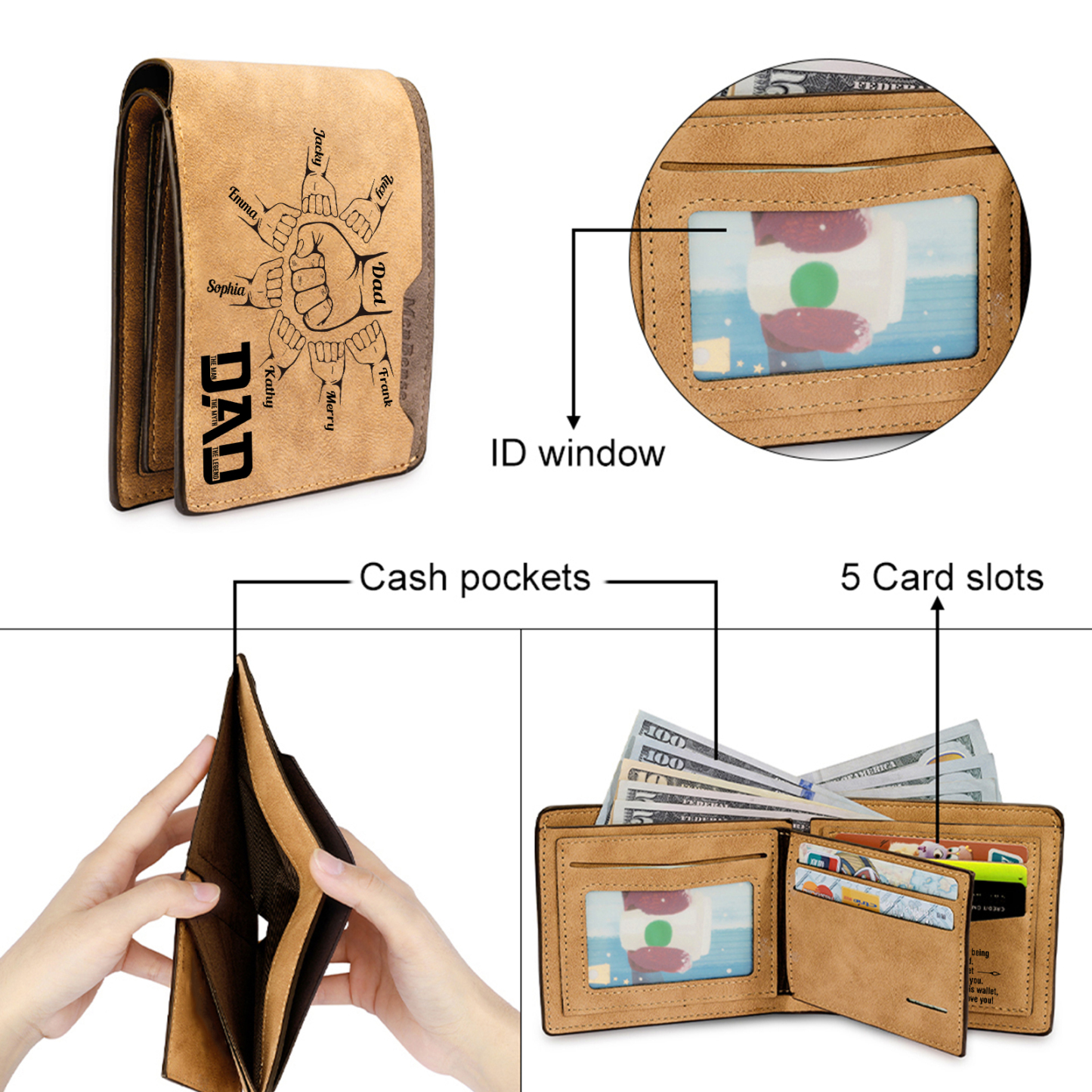 8 Names - Personalized Fist Bump Pattern Custom Name Leather Men's Wallet as a Father's Day Gift for Dad
