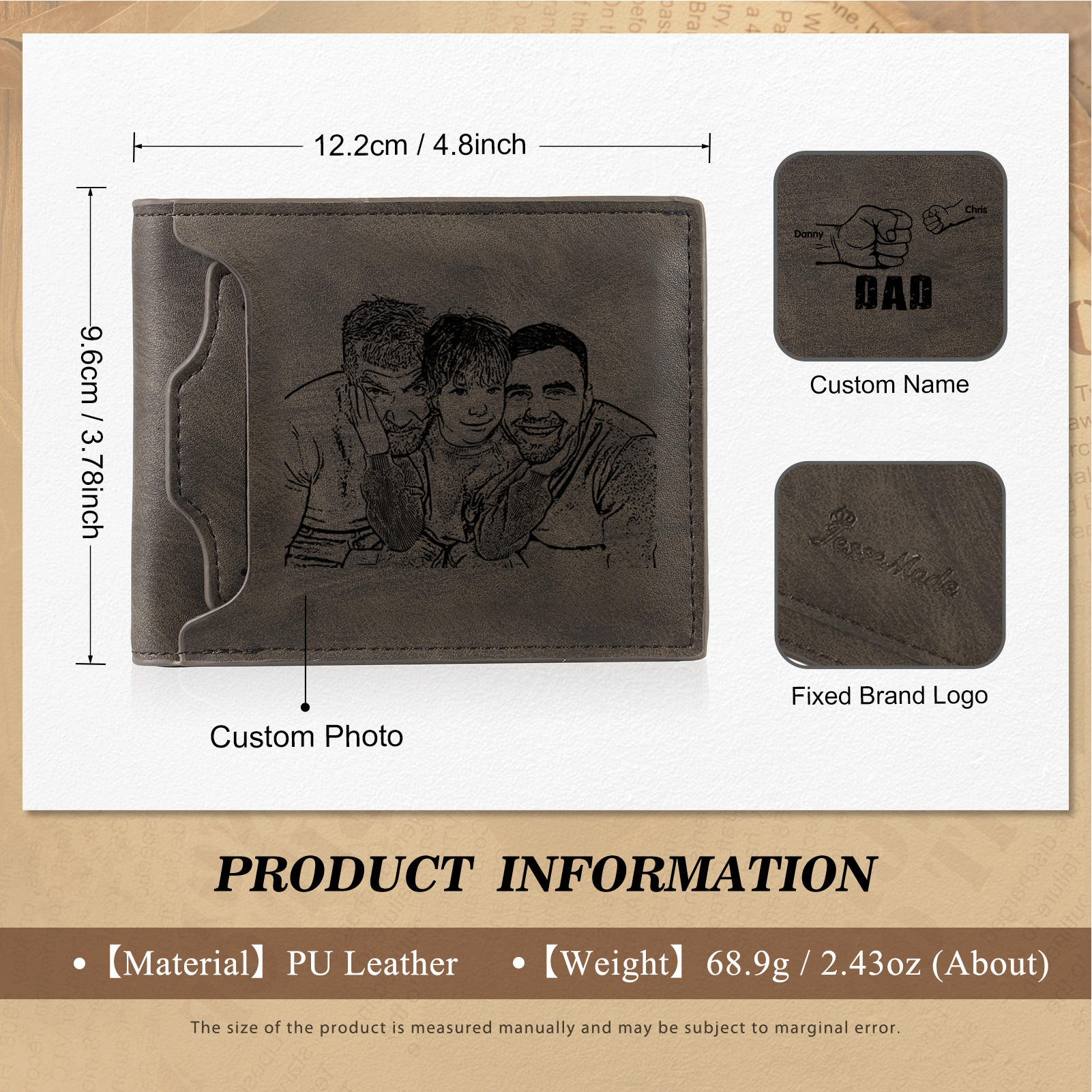 2 Names - Personalized Photo Custom Leather Men's Folding Wallet as a Father's Day Gift for Dad