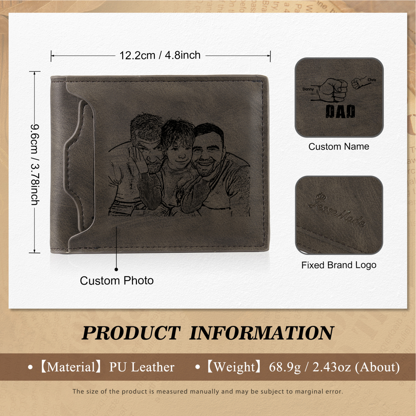 2 Names - Personalized Photo Custom Leather Men's Folding Wallet as a Father's Day Gift for Dad