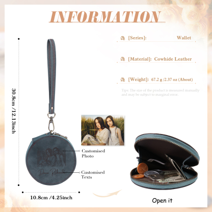 Personalized Photo Quality Leather Round Zipper Wallet Custom Text Wallet Gift for Her