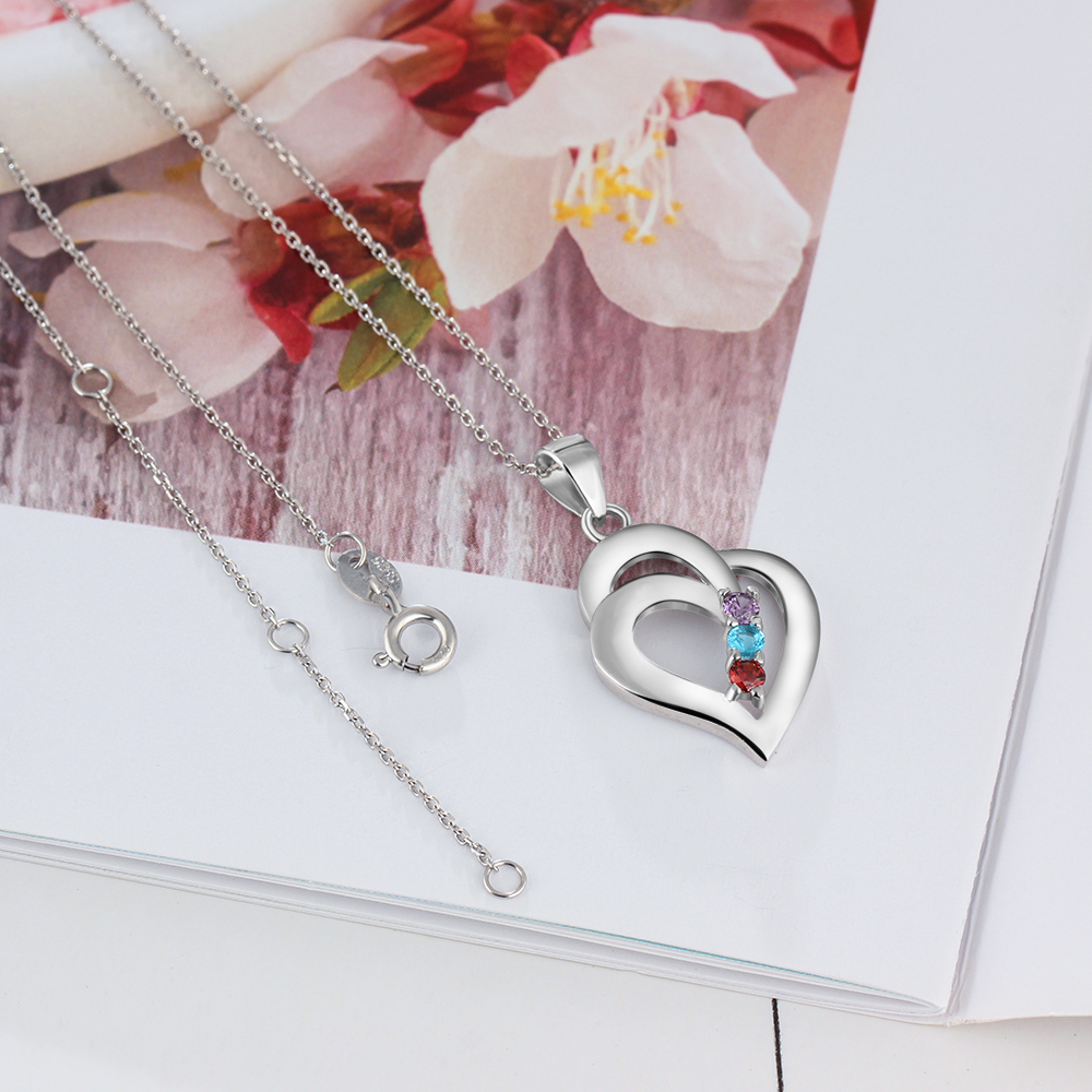 Personalized Heart S925 Necklace With 3 Birthstones Engraved Names Gift For Her