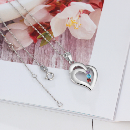 Personalized Heart S925 Necklace With 3 Birthstones Engraved Names Gift For Her