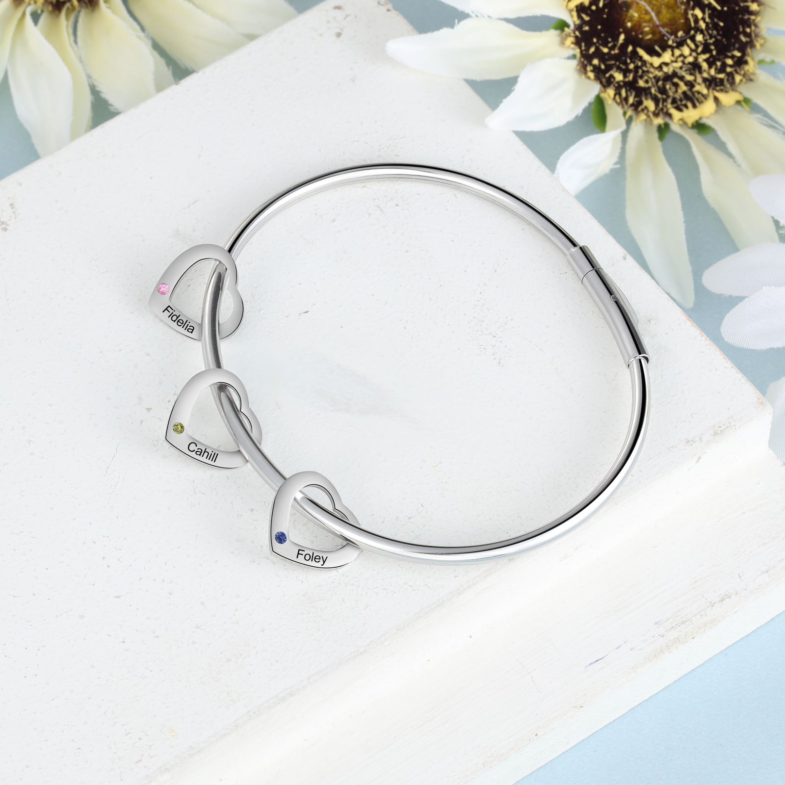 3 Names-Personalized Heart Bracelet With 3 Birthstones Bangle Engraved Names Bracelet Gift For Women