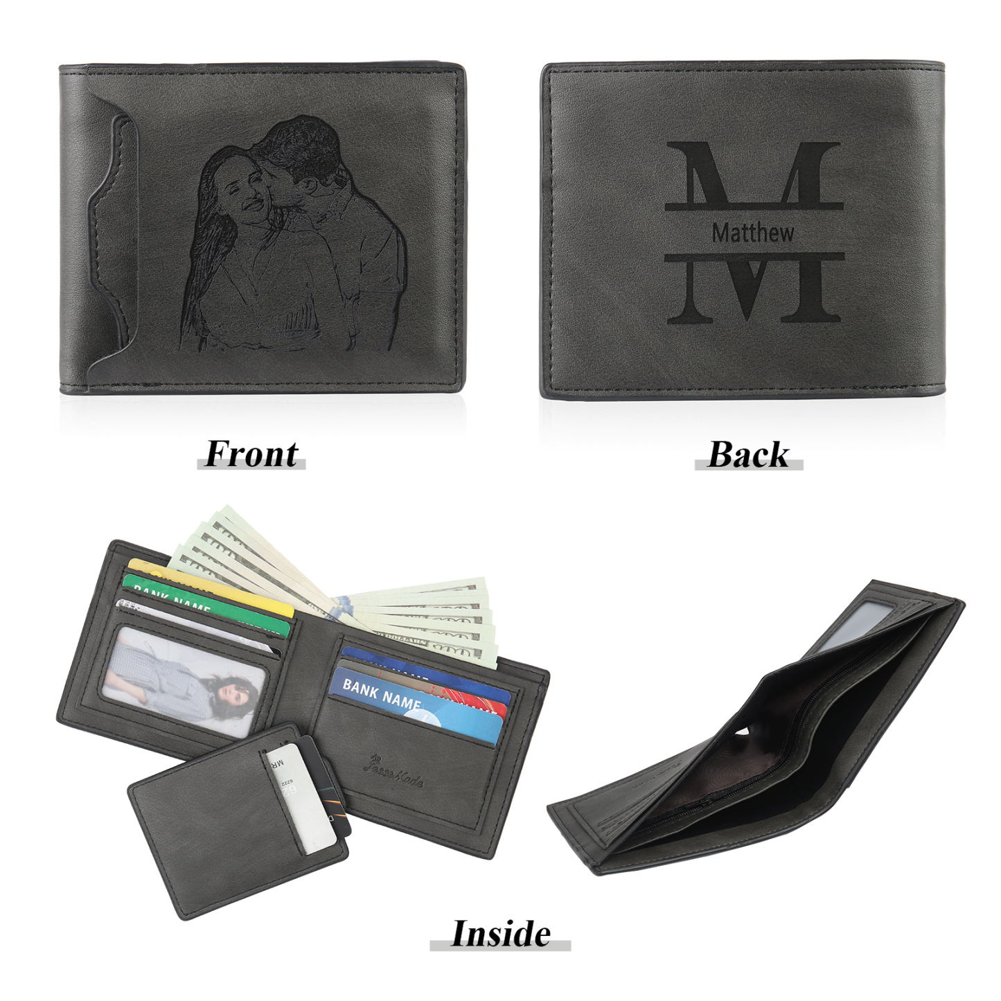 Personalized Name Leather Men's Wallet With Card Slot Engraved Letter And Photo Gift For Him