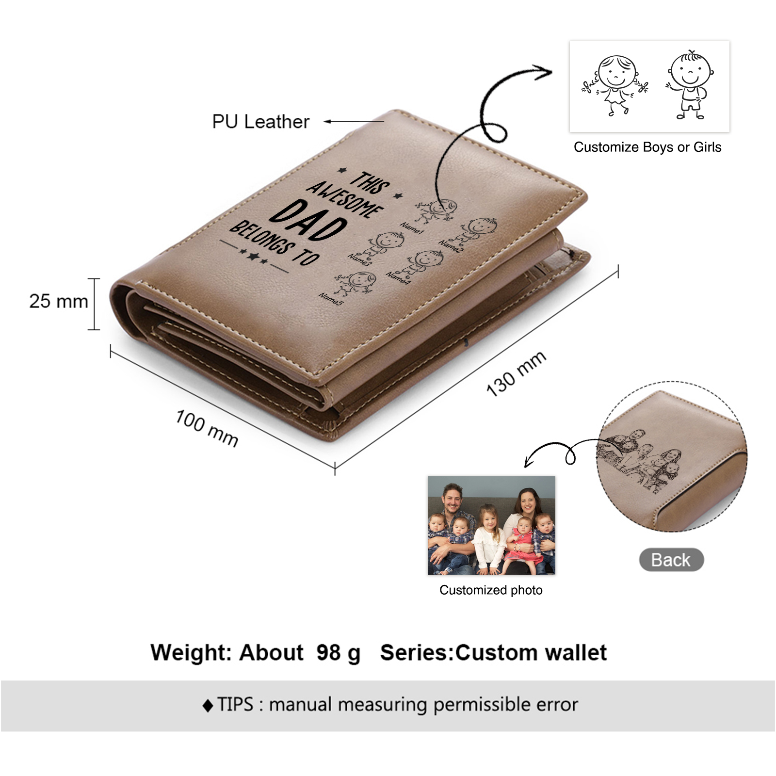 5 Names-Personalized Doll Customized Leather Men's Wallet Customized Name Folding Brown Wallet for Dad