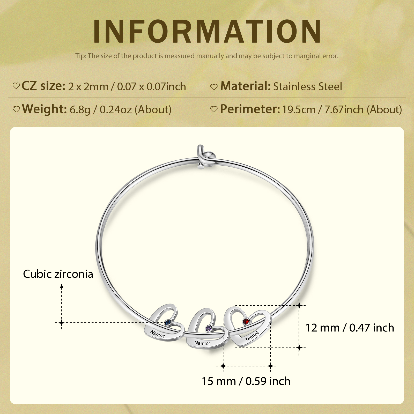 Personalized Heart Bangle With 3 Names and Birthstones Bangle Bracelet Mother's Day Gifts For women