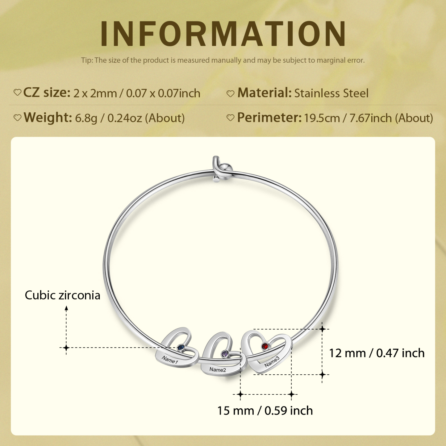 Personalized Heart Bangle With 3 Names and Birthstones Bangle Bracelet Mother's Day Gifts For women