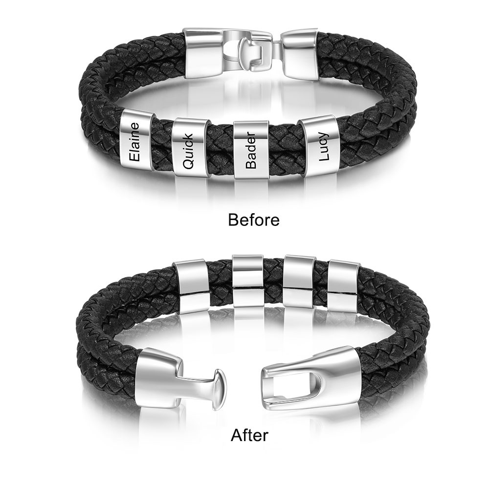 Personalized Braided Leather Bracelet Engraved 4 Names Men's Bracelet for Him