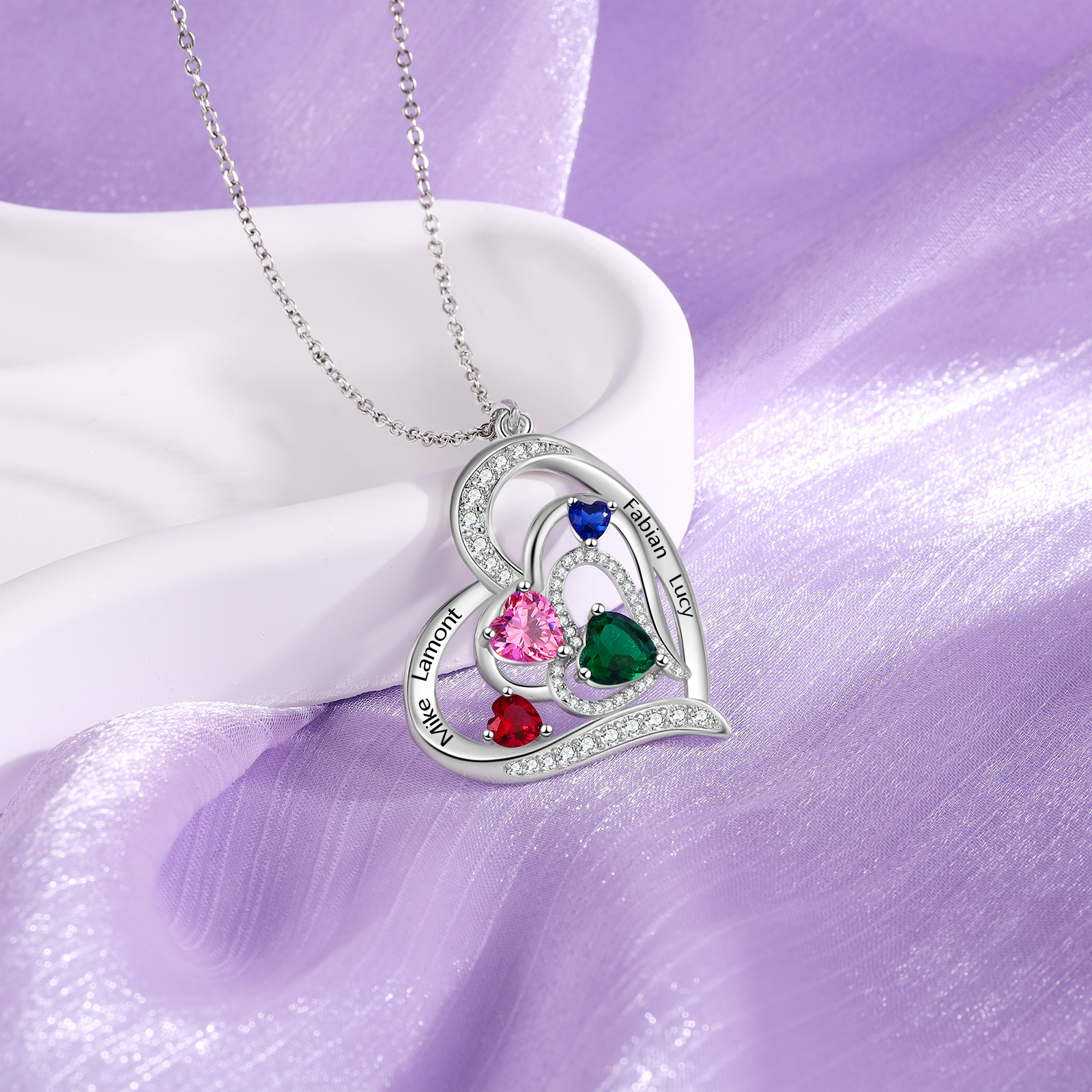 4 Names - Personalized Heart Necklace with Customized Names and Birthstone Gift for Her