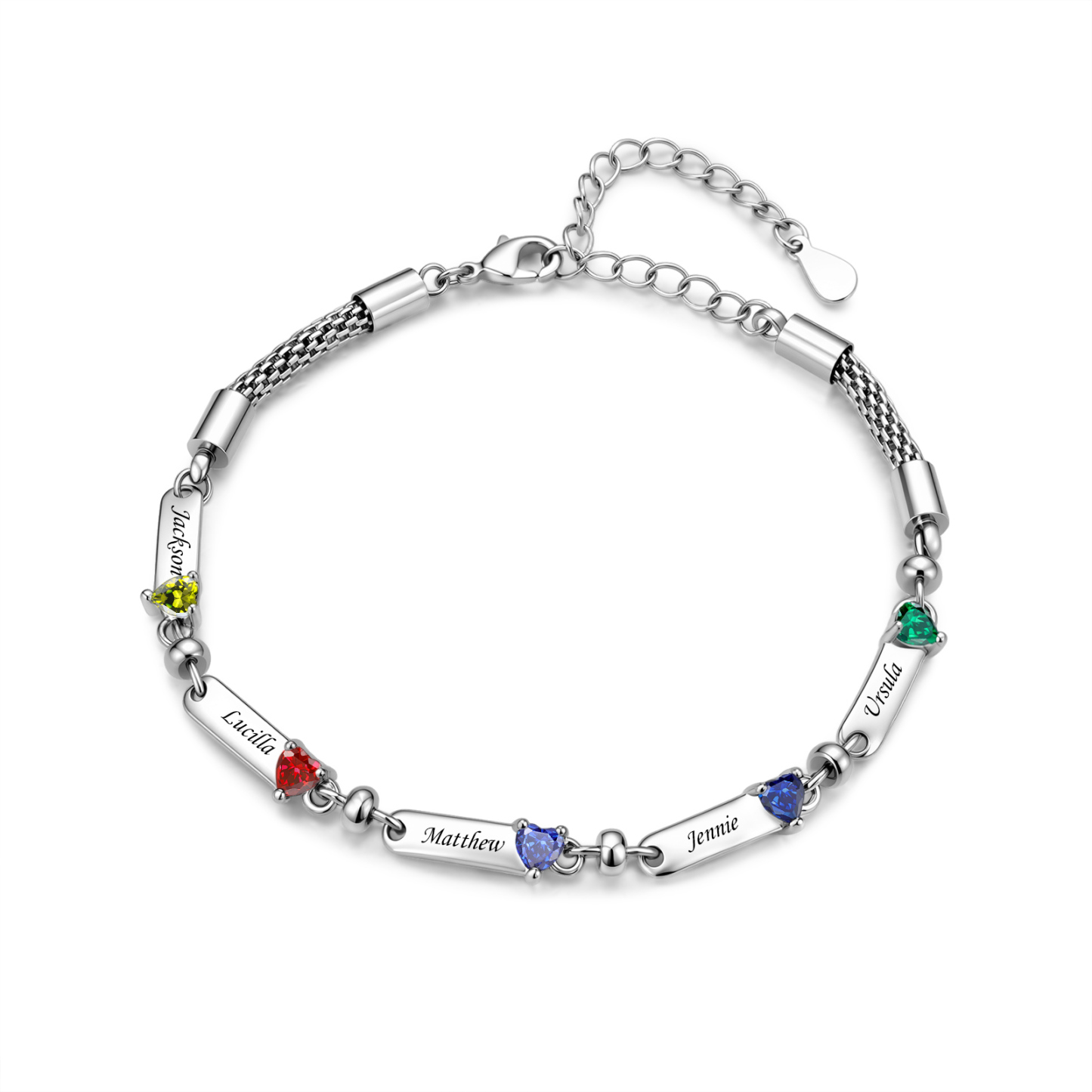 Personalized Braided Bracelet Customized With 1-5 Names And Heart-Shaped Birthstones