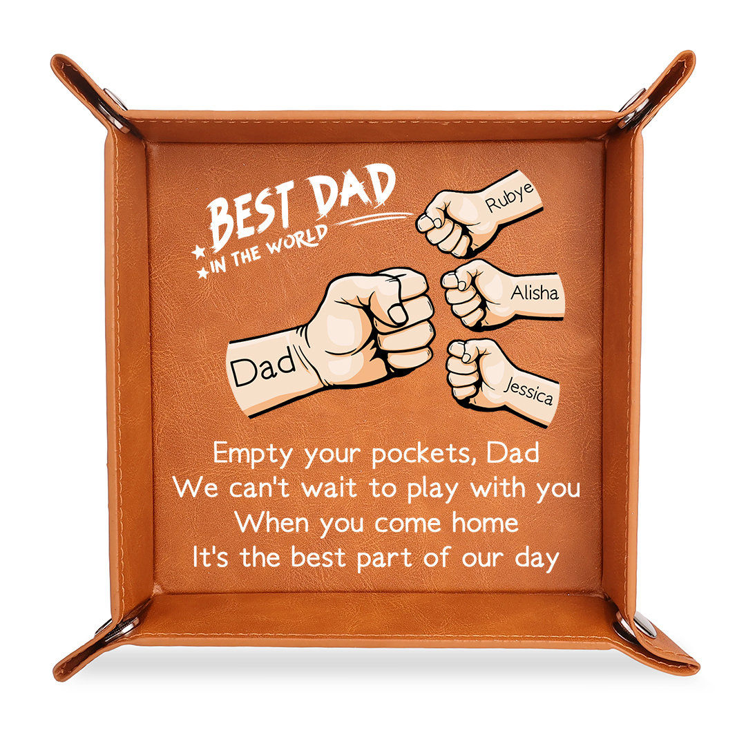 Personalized Leather Tray Best Dad Ever Custom With 1–6 Names And Fist Bump Design