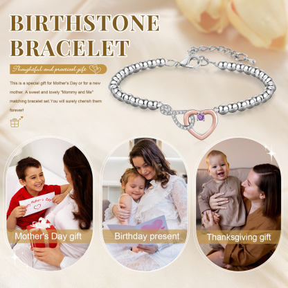 Personalized Mother Daughter Infinity Heart Birthstone Bracelet with Gift Card