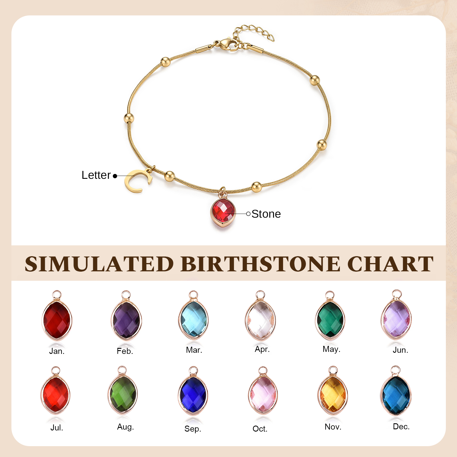 Personalized Birthstone Initial Anklet Minimalist Summer Anklet Bracelet