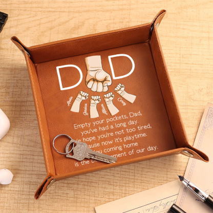 Personalized Leather Valet Tray For Dad Engraved With 1–6 Names And Fist Bumps Design