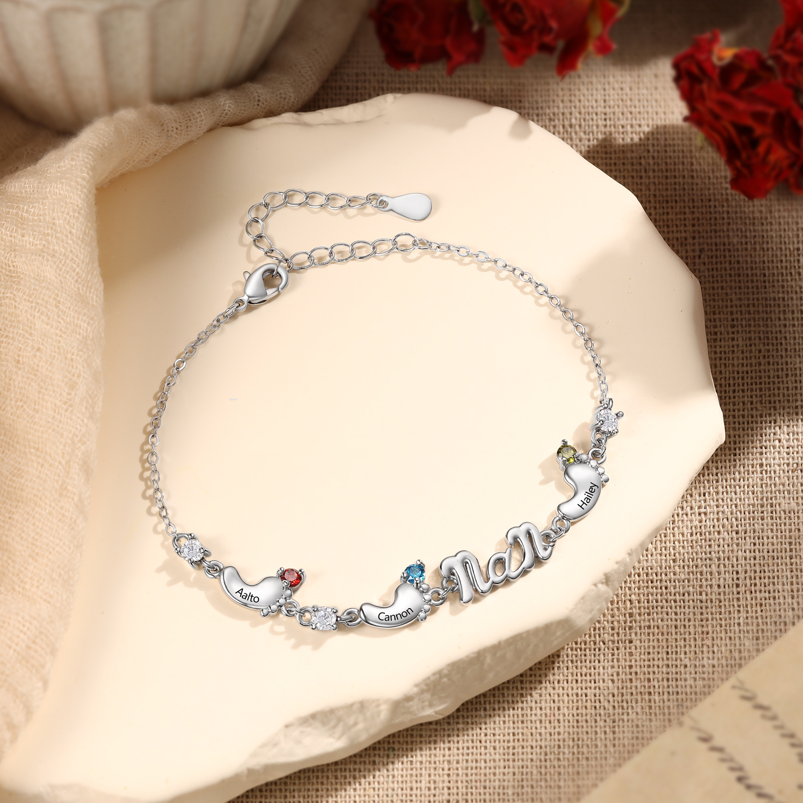 Personalized Mom Bracelet with 2–5 Baby Feet Names and Birthstones