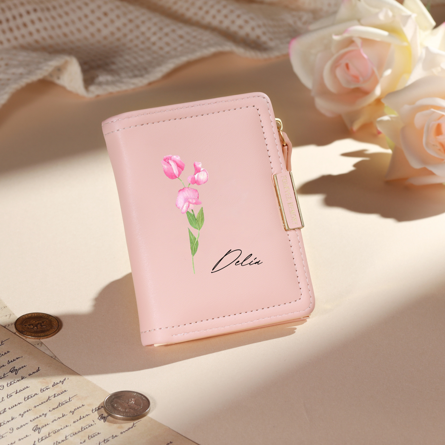 Personalized Women’s Leather Wallet Custom With Name And Birth Flower