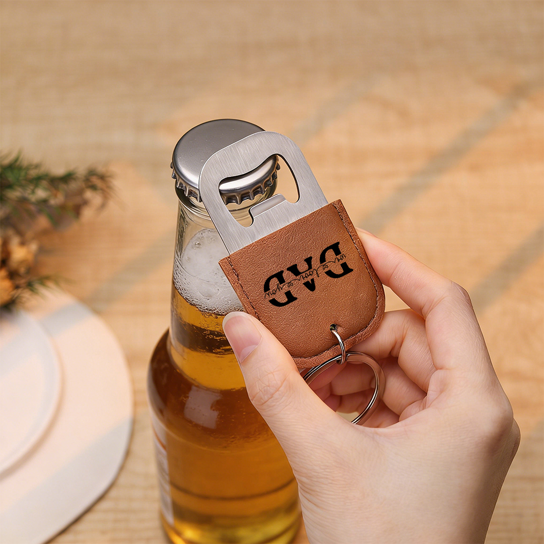 Personalized Leather Keychain For Dad With Bottle Opener Custom with 2-6 Names Hand In Hand Design