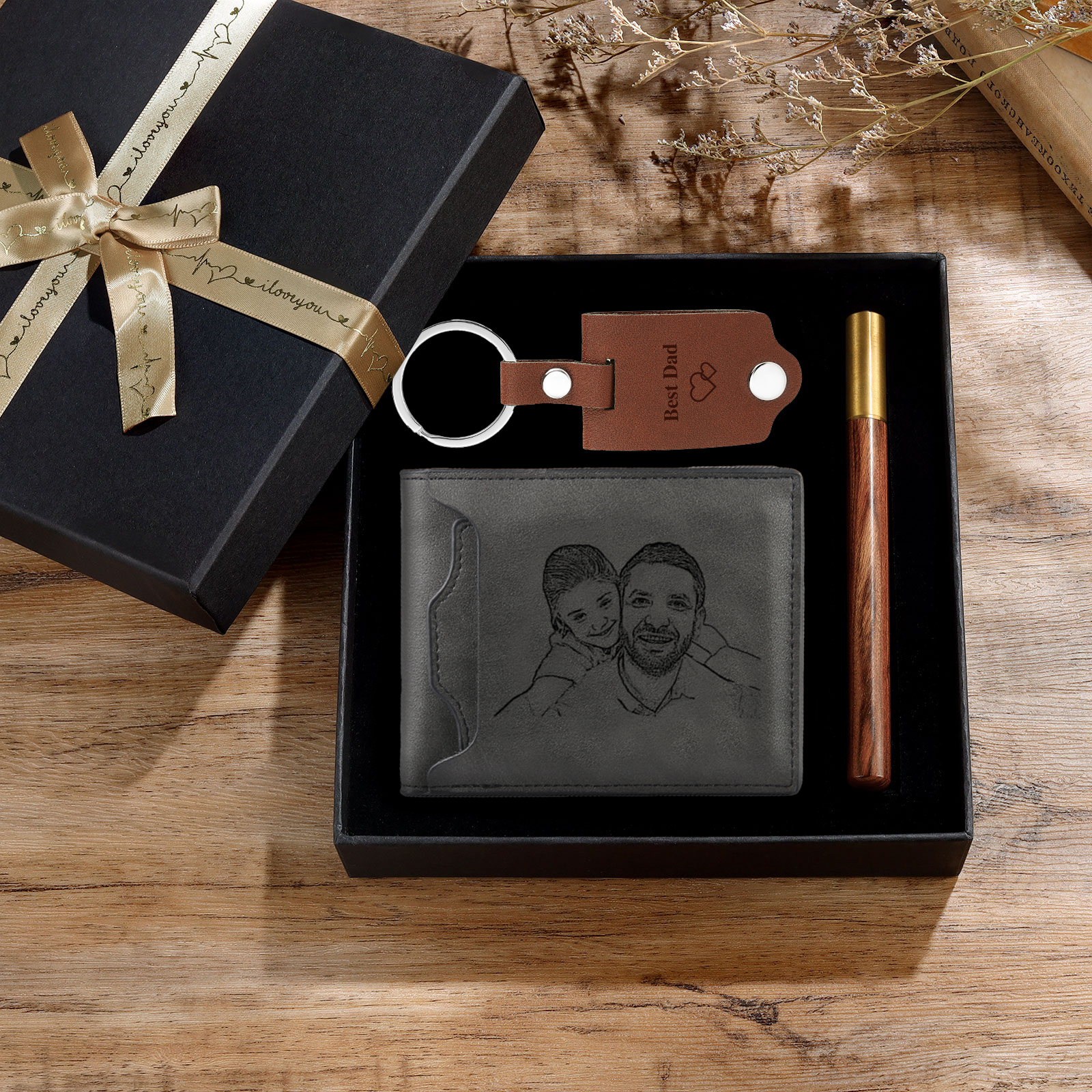 Personalized Leather Wallet Gift Box Set Keychain With Customizable Photo Wallet Customizable Name Letter Gift For Him