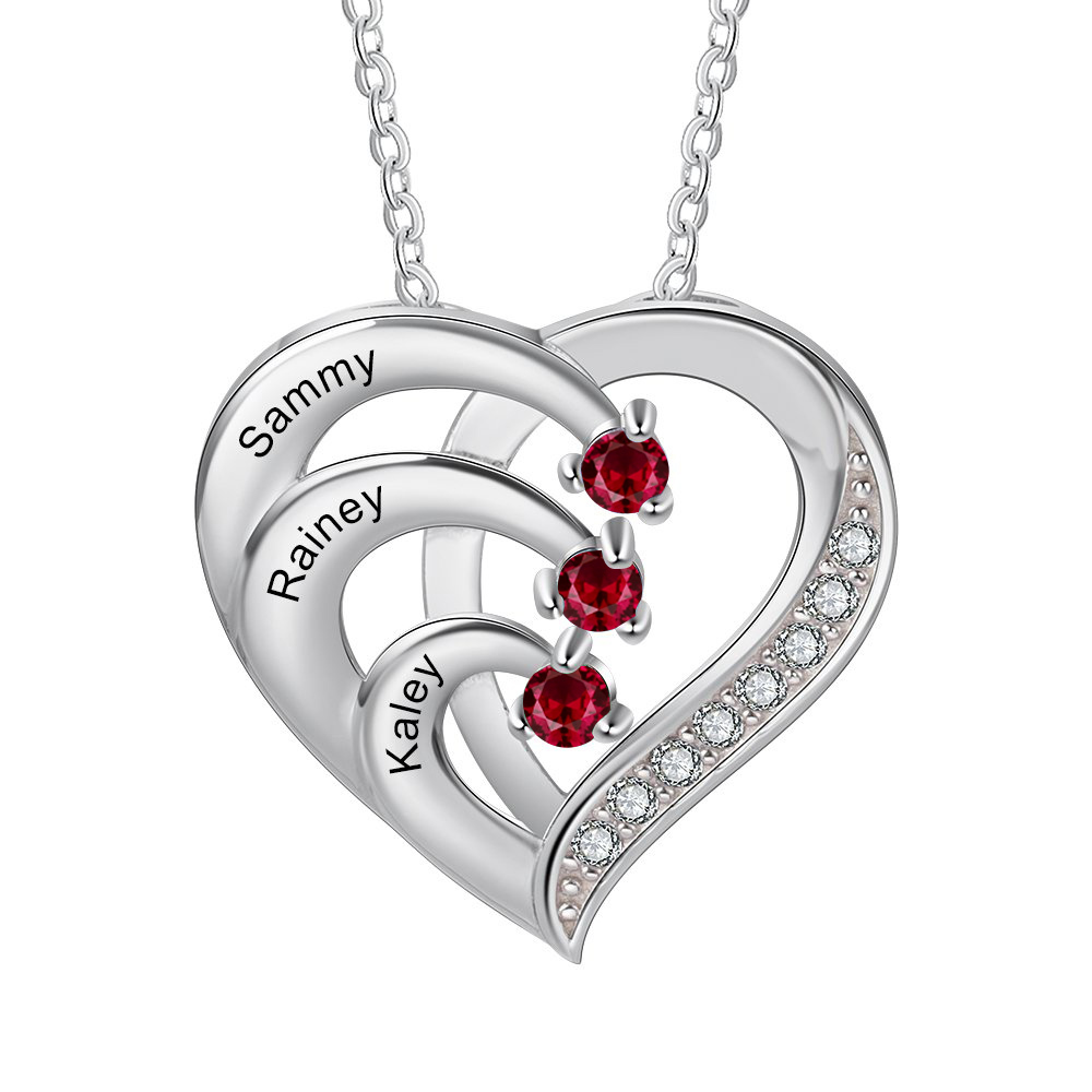 Personalized Mother Necklace 3 Stones Engraved 3 Names Birthstone Intertwined Heart Pendant Gifts for Her