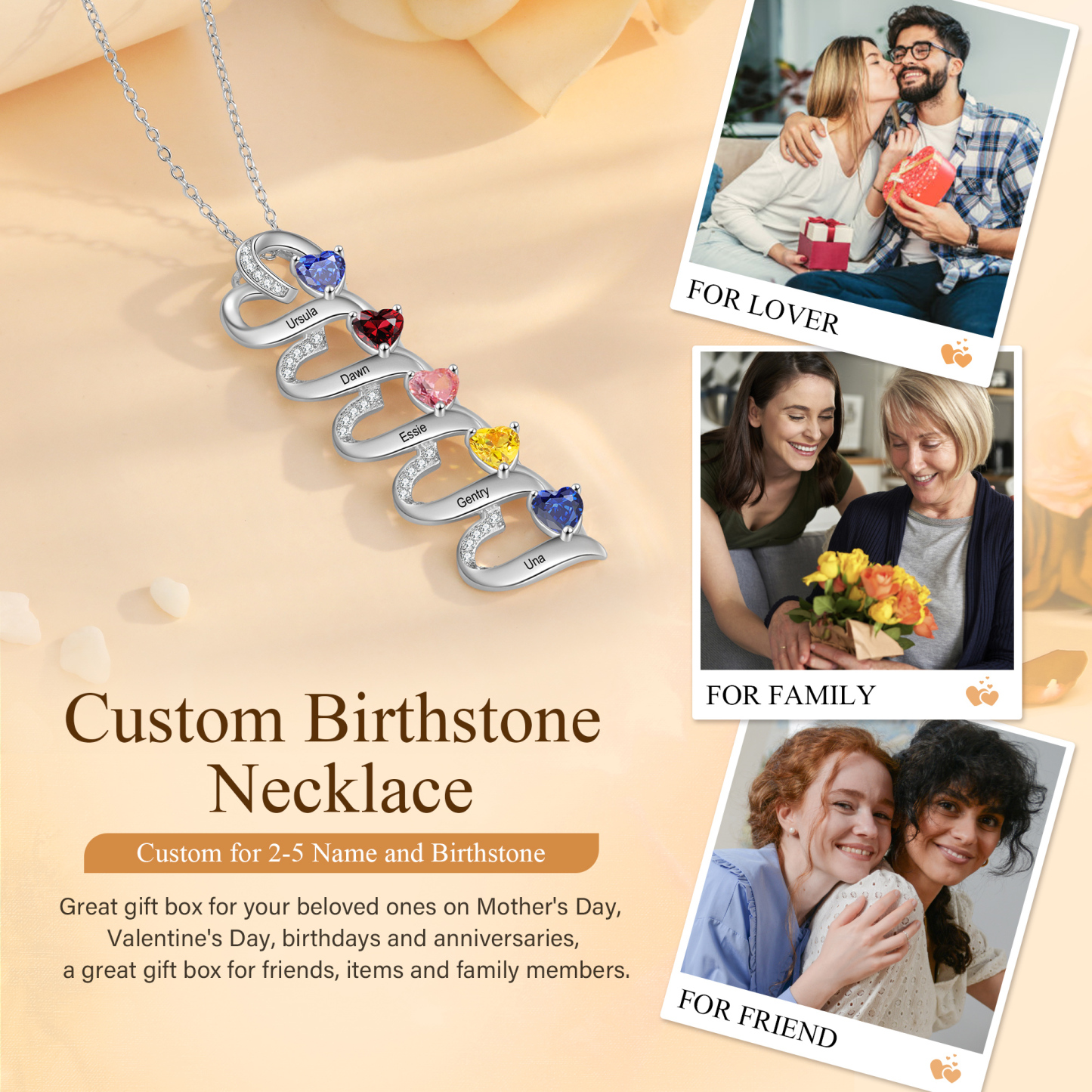5 Names-Personalized Hearts Necklace Custom Birthstone Necklace Engraved Names Special Gifts for Her