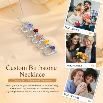 5 Names-Personalized Hearts Necklace Custom Birthstone Necklace Engraved Names Special Gifts for Her