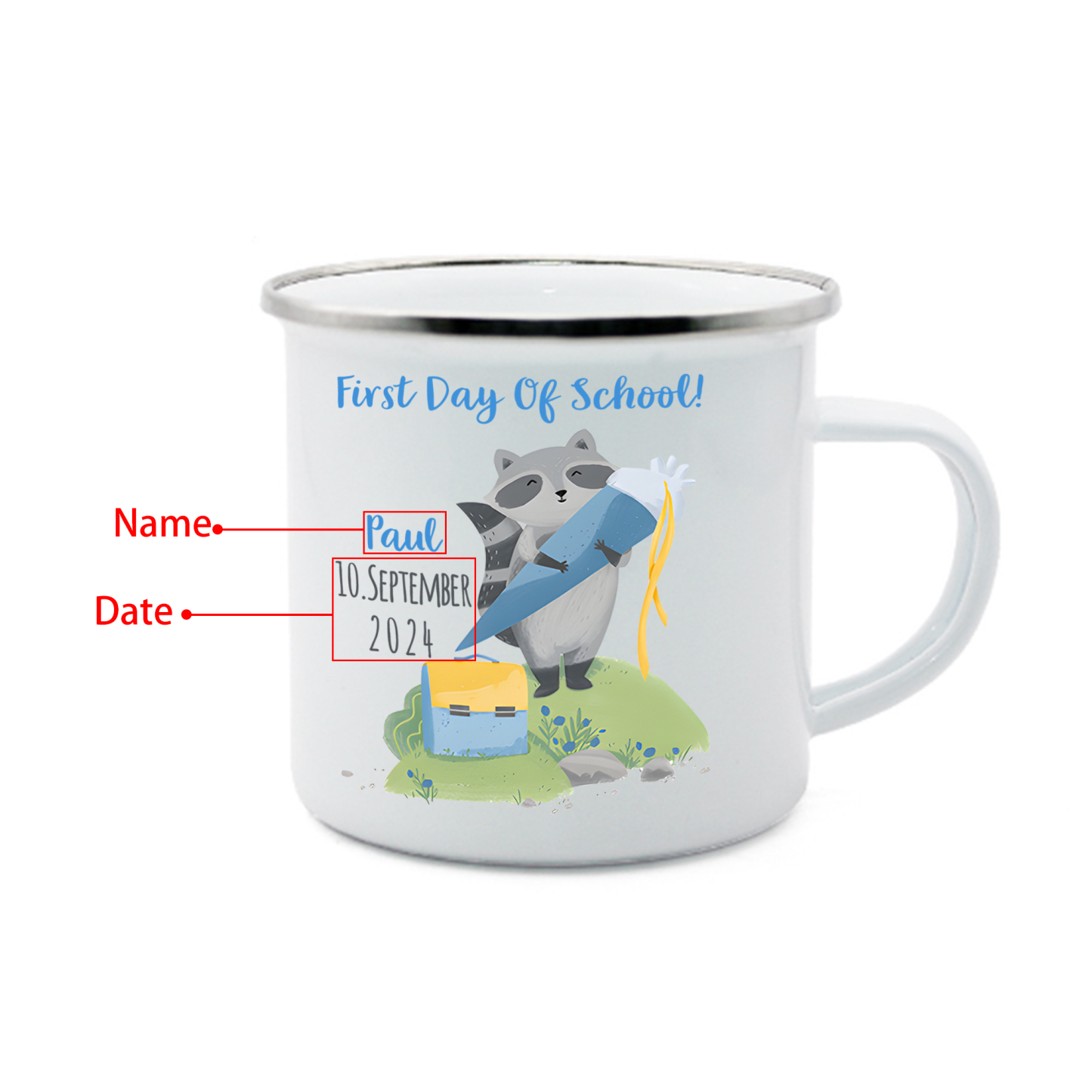 Personalized Name And Date Enamel Mug Children'S Raccoon Pattern Back To School Gift For Kid