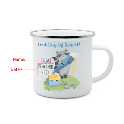 Personalized Name And Date Enamel Mug Children'S Raccoon Pattern Back To School Gift For Kid