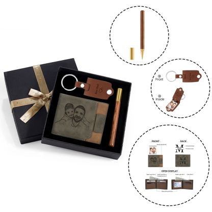 Photo Personalized Leather Wallet Gift Box Set with Keychain Customizable Letter Name Wallet Gift for Him