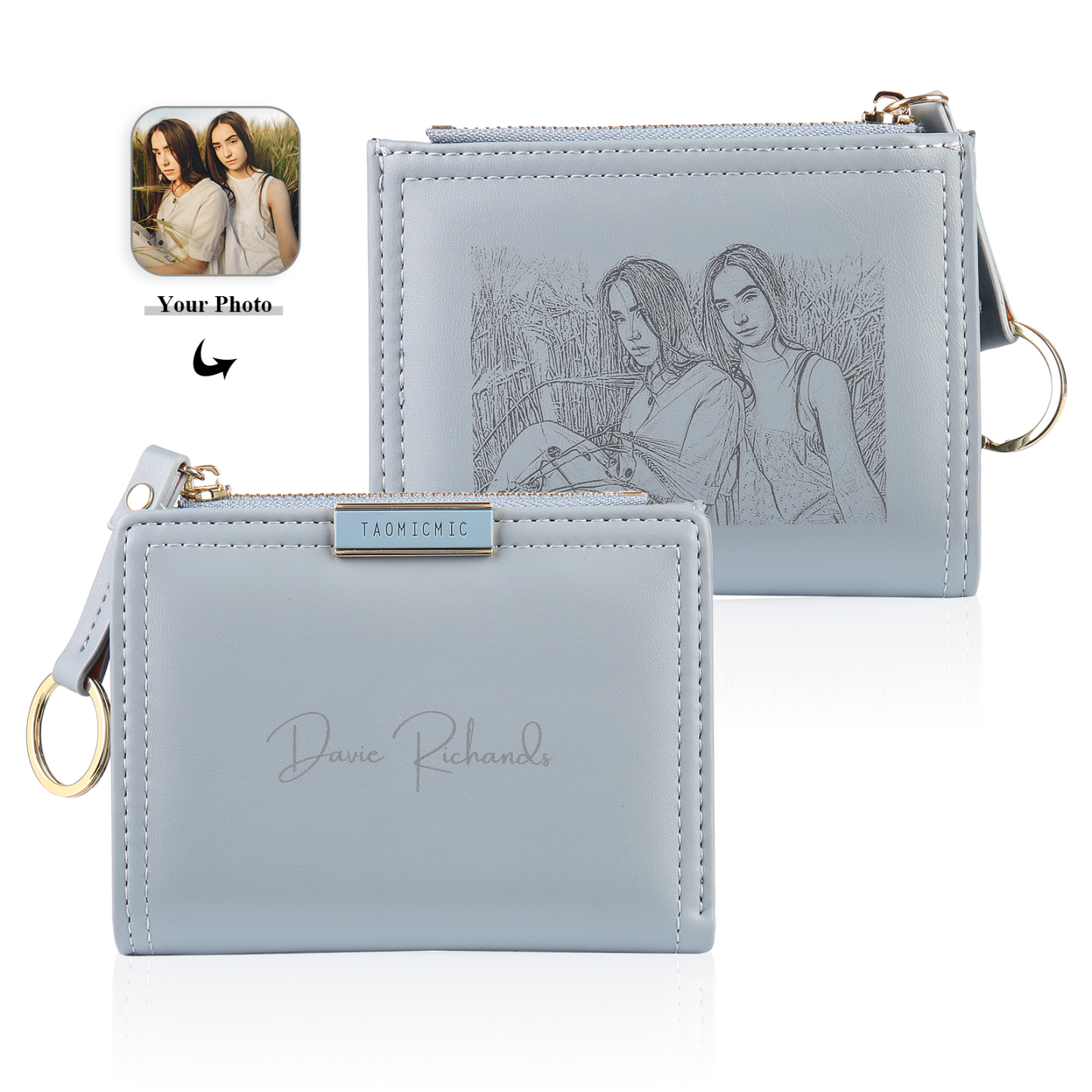 Personalized Photo And Text Pu Leather Zipper Wallet Coin Purse Three Colors Optional Gift For Women