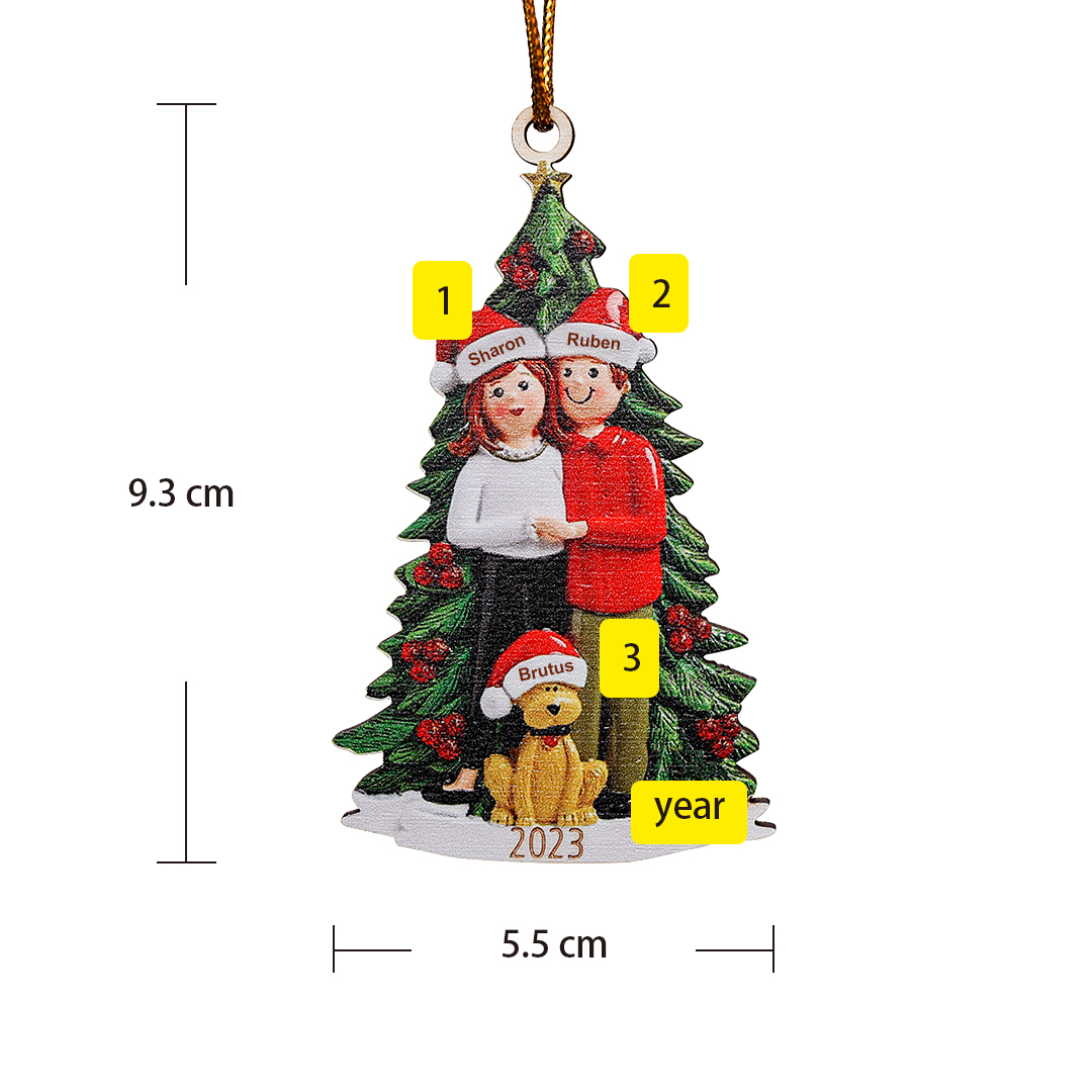 2 Names+Dog Name - Personalized Couples Christmas Tree Ornaments Customized Name & Year Wooden Hanging Ornament Gift for Couples