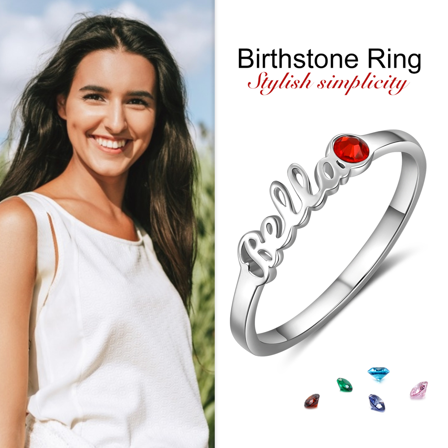 Personalized Birthstone Ring Custom 1 Name Ring Best Gift For Women