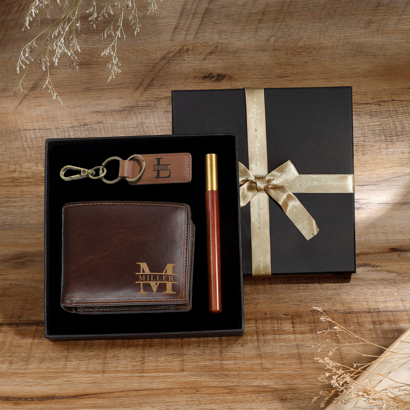 Personalized Leather Wallet Gift Box Set with Keychain Customizable 2 Text, 2 Letter and 2 Name Wallet Gift for Him