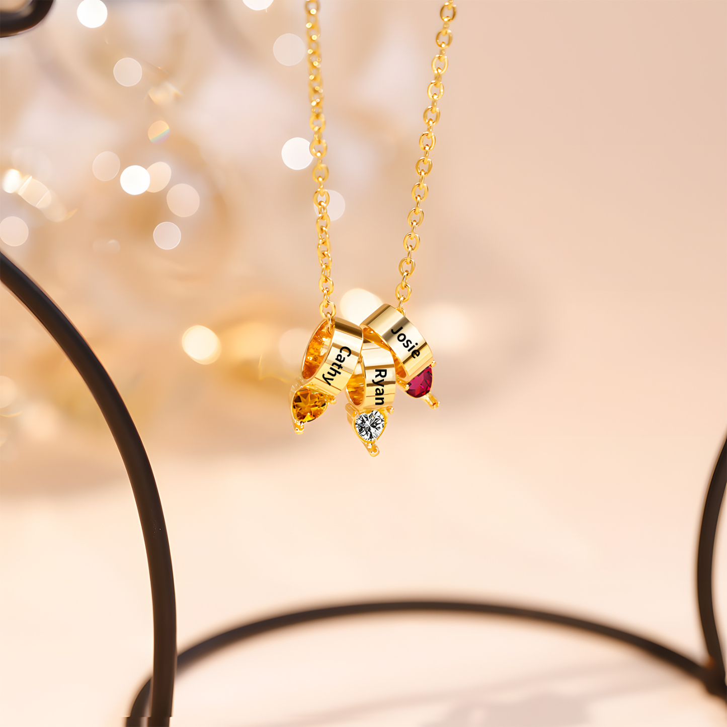 3 Names - Personalized Link Pendant Necklace with Customized Name and Birthstone Gift for Her